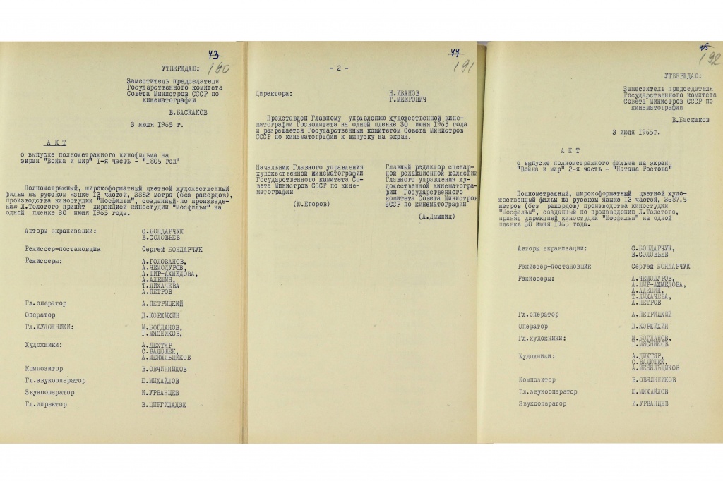 Акты о выходе на экран первой и второй серий кинокартины «Война и мир»