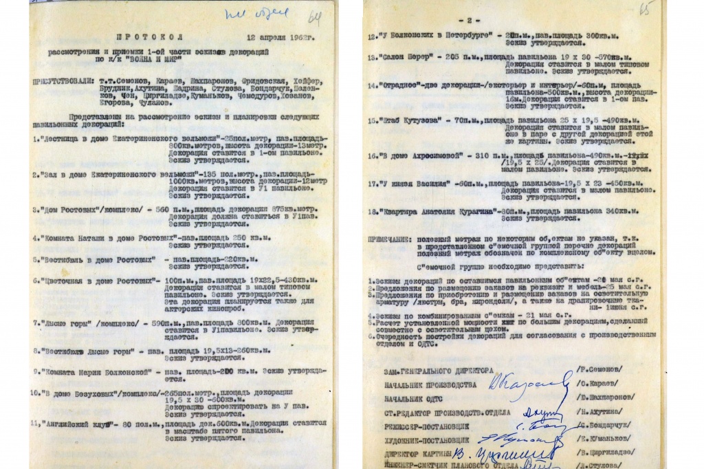 Протокол обсуждения декораций в павильонах «Мосфильма» от 12 апреля 1962 г. 