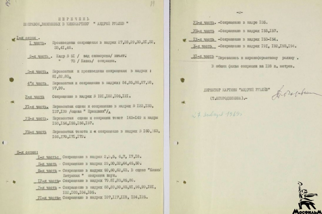 Перечень поправок, внесенных в кинокартину «Андрей Рублев»