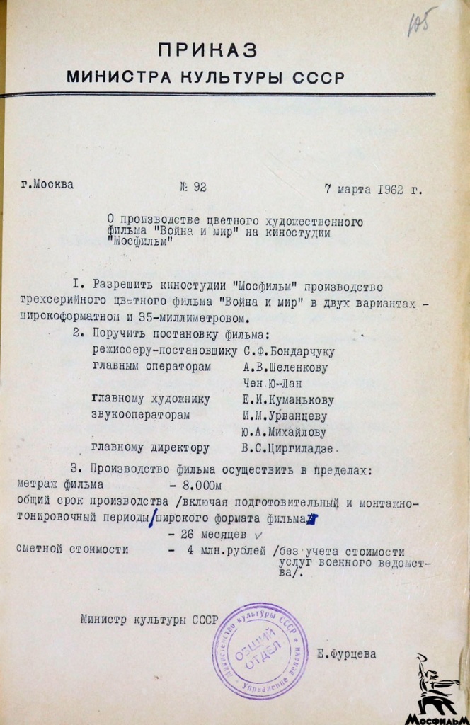 Приказ Е. А. Фурцевой от 7 марта 1962 г.